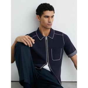 REISS Bruno Navy Sleeve-Trim Half-Zip Polo Shirt